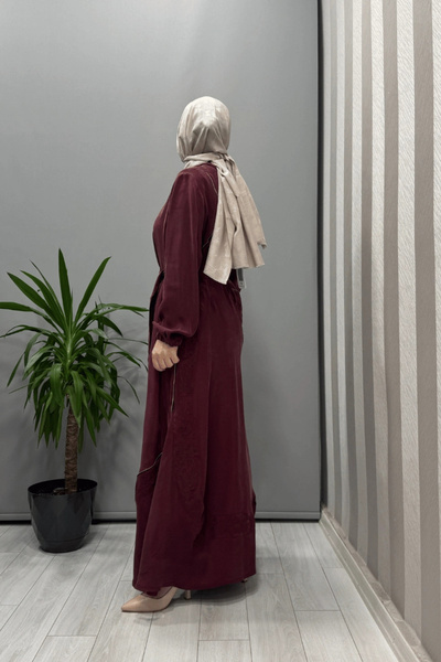 MissWhence Embroidery and Zipper Detailed Cupra Silk Dress Burgundy 37800