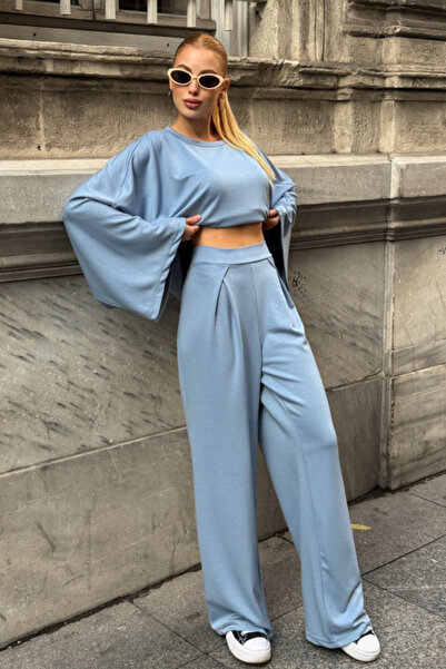 Chiccy Light Blue Pool Collar Wide Sleeve Elastic Waist Wide Leg Oversized Knitted Bottom Top Set 65-105 65-68