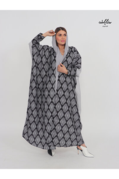 Stylish عباية لنن لف اماراتي باللون الأسود والرمادي