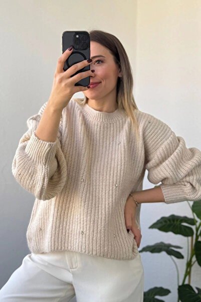 Kubos Moda Balloon Sleeve Pearl Embroidered Beige Knit Sweater