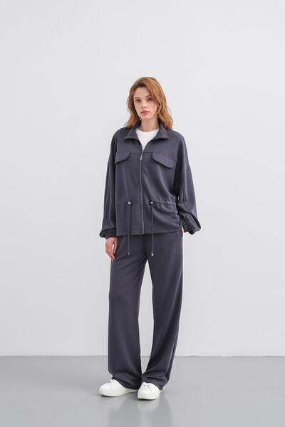 Basicpark Smoked Women's Full-Length Zippered Mock Neck Piece Premium Modal Top and Bottom Set