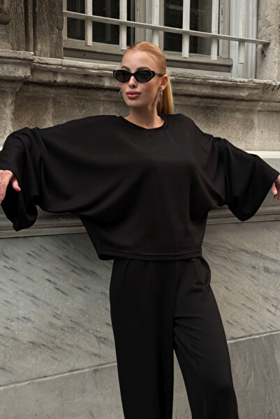 Chiccy Black Pool Collar Wide Sleeve Elastic Waist Wide Leg Casual Oversized Knitted Bottom Top Set 65-105 65-68