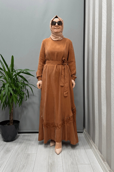 MissWhence Embroidery and Zipper Detailed Cupra Silk Dress Cinnamon 37800