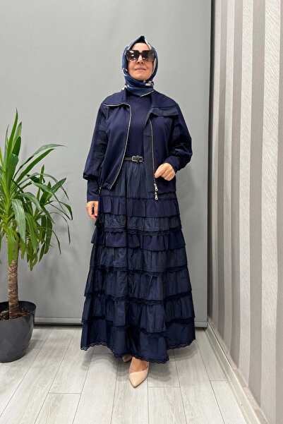 MissWhence Ruffle Detailed Jacket Dress Set Navy Blue 38807