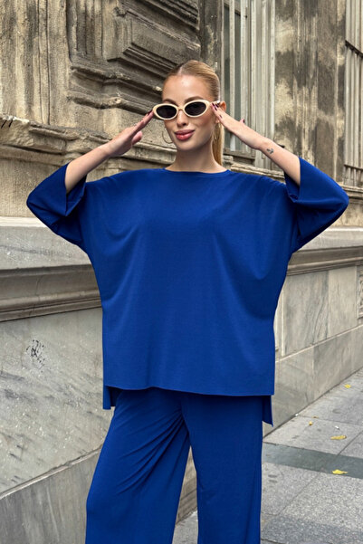 Chiccy Cobalt Blue Boat Neck 3/4 Sleeve Pocketed Elastic Waist Wide Leg Knitted Bottom Top Set 70-105 65-68