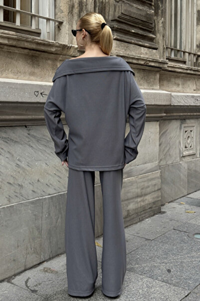 Chiccy Gray Turn-Down Collar Long Sleeve Elastic Waist Wide Leg Velvet Oversized Knitted Bottom Top Set 70-105 65-68