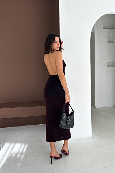 MİROR Women's Burgundy Metallic Thread Halter Midi Dress