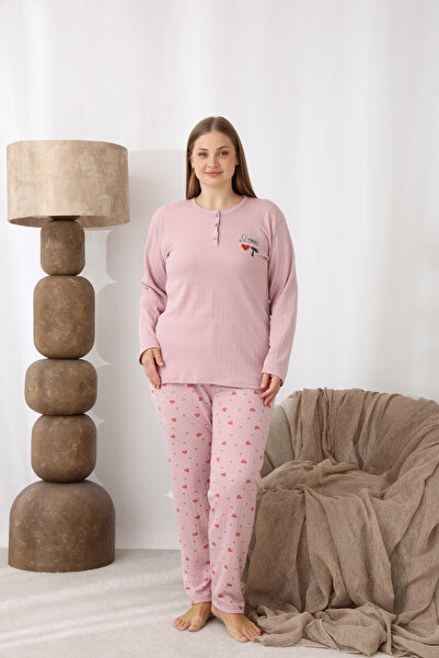 SEBOTEKS Fleece-Lined Interlock Fabric Plus Size Winter Women's Pajama Set 1160