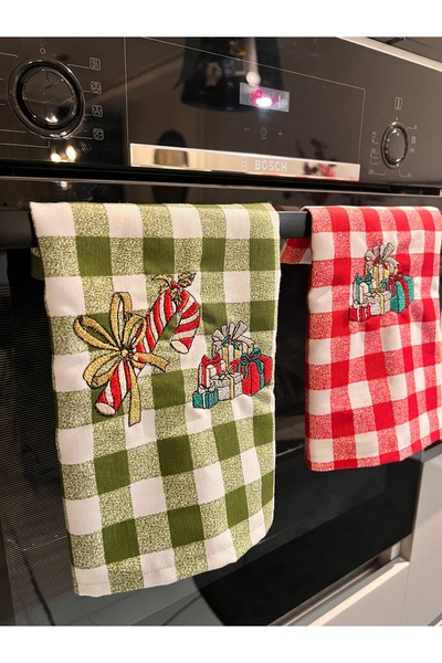 Rachel Christmas Themed Linen Red-Green 2-Piece Dishcloth & Towel Set