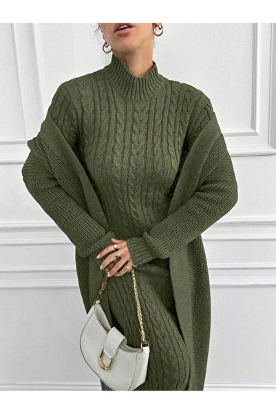 Jinx Wear Fashion Vintage Hair Braid Suspender Dress and Cardigan Acrylic Knitwear Set