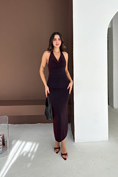 MİROR Women's Burgundy Metallic Thread Halter Midi Dress