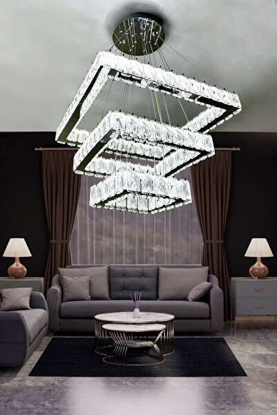 RSCOLLECTIONS 3 Katlı Modern Kare Taşlı Avize Kumandalı Gold