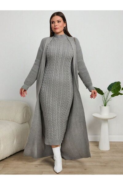 Jinx Wear Fashion Vintage Hair Braid Suspender Dress and Cardigan Acrylic Knitwear Set