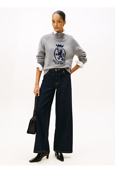 Tommy Hilfiger Dik Yaka Standart Desenli Gri Kazak Kadın WW0WW46434P03