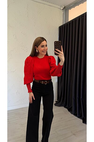 elif teke Mirayr Kol Detaylı Triko Bluz Kırmızı