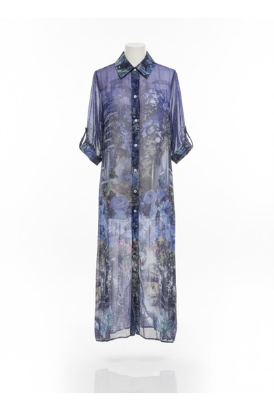 della moor Navy Blue Italian Floral Patterned 3/4 Sleeve Lined Silk Shirt Dress