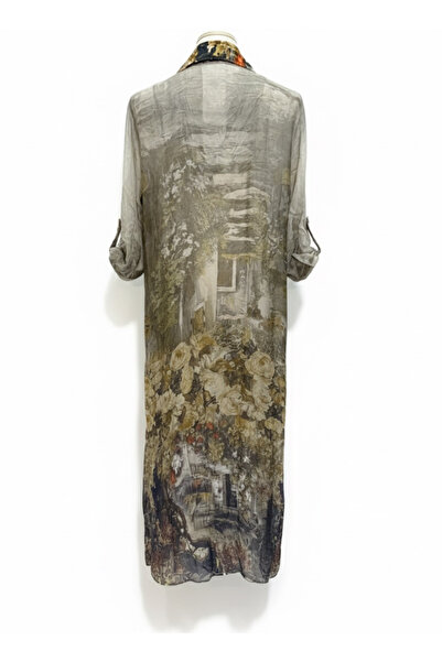 della moor Μπεζ ιταλικό φλοράλ μοτίβο με μανίκια 3/4 με επένδυση από μεταξωτό πουκάμισο φόρεμα