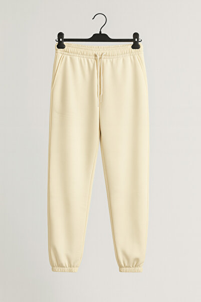 metsawear Unisex Cream Elastic Leg Fleece-Lined 2 Thread Sweatpants – Comfortable Fit
