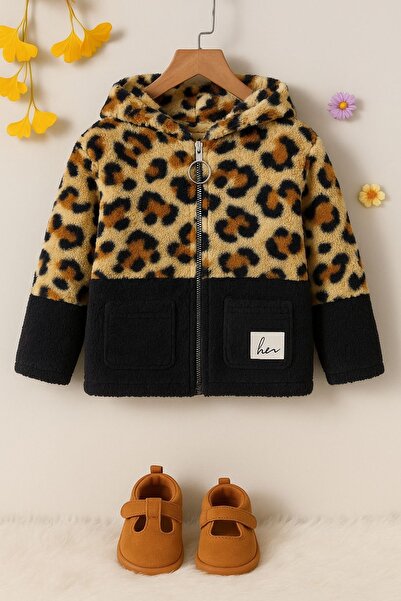 tunays shopping Baby Girl Zippered Hooded Pocket Detailed Leopard Plush Cardigan