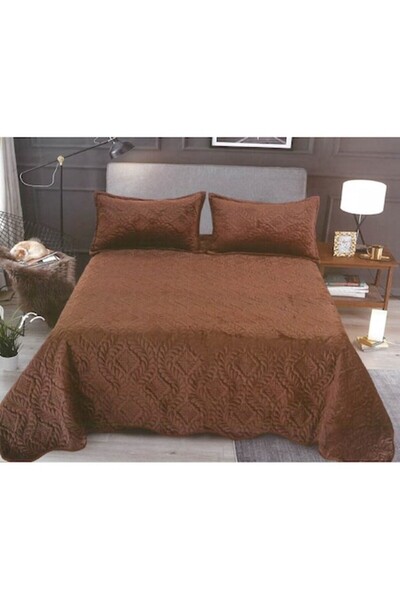 OSM Set cuvertură de catifea 240x220 cu 2 fețe de pernă - Maro