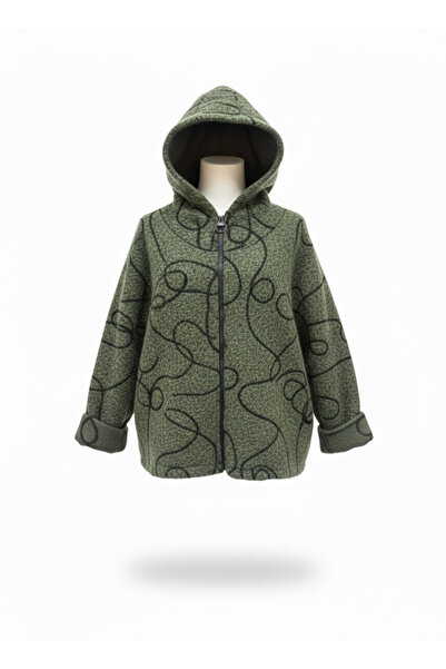 della moor Women's Khaki Italian Feather Zippered K Hooded Wide Fit Boucle Coat