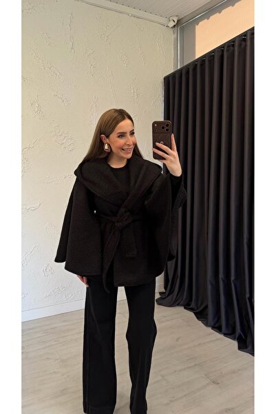 elif teke Yarasa Kol Buklet Dokulu Panço Siyah