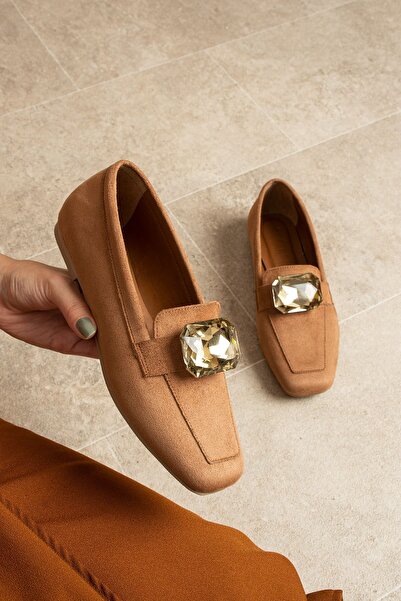 dabab shoes Lira Tan Stone Detailed Suede Women's Loafer