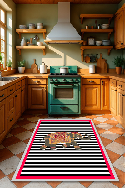 Kessy Home Studio Fil Desenli Dijital Baskı Kaymaz Taban Halı Makinede Yıkanabilir Halı Mutfak Halısı Yolluk Halısı