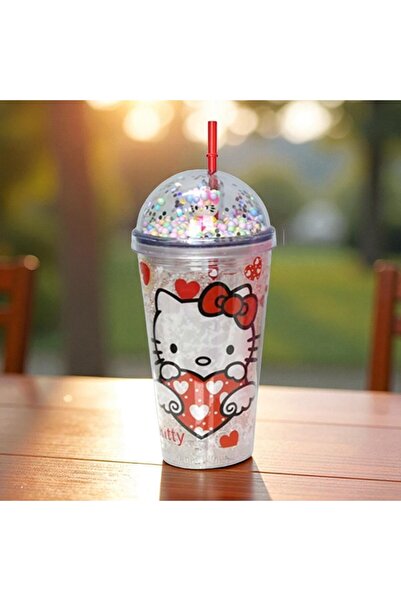 Kuzey Tacı Sevimli Hello Kitty Temalı Simli Buz Hazneli Pipetli Suluk Bardak Vip
