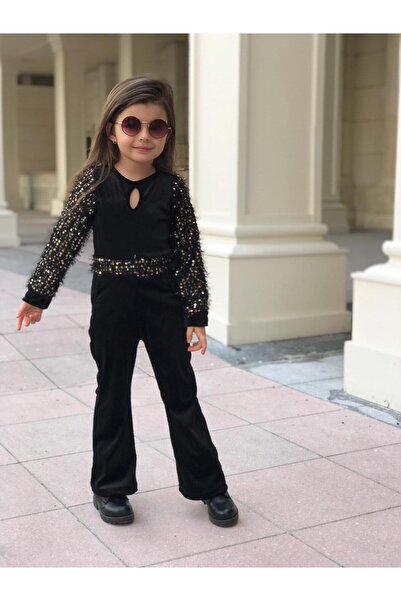 okya Kız Çocuk Kadife Tulum Pullu Siyah Kırmızı