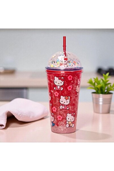 Kuzey Tacı Sevimli Hello Kitty Temalı Simli Buz Hazneli Pipetli Suluk Bardak Vip