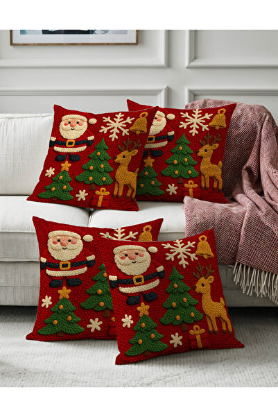 Sakallı Christmas Themed Punch Embroidery Look Santa Claus and Pine Tree Patterned Throw Pillow Cover Set of 4