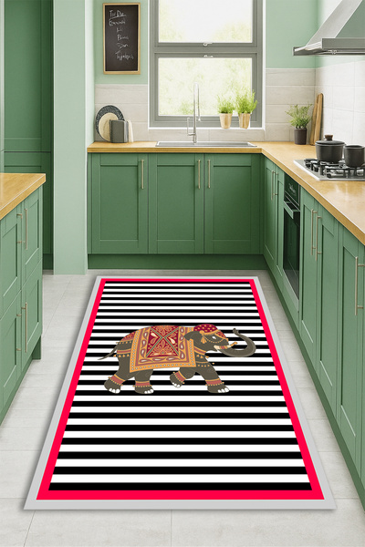 Kessy Home Studio Fil Desenli Dijital Baskı Kaymaz Taban Halı Makinede Yıkanabilir Halı Mutfak Halısı Yolluk Halısı