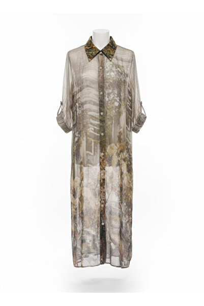 della moor Μπεζ ιταλικό φλοράλ μοτίβο με μανίκια 3/4 με επένδυση από μεταξωτό πουκάμισο φόρεμα