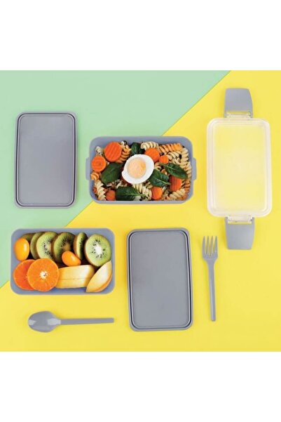 BREZIUM Double food container with cutlery, Blue/Grey, 0.9L,