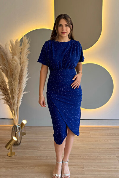 Aventien Draped Stone Cobalt Blue Midi Dress