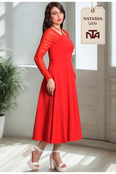NATASHA Fashion Women's red dress with a unique sleeve design