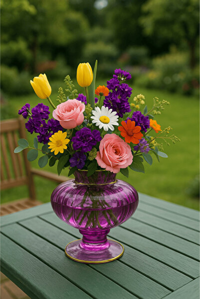 VANTINA HOME Mor Bombeli Tasarım Dekoratif Cam Vazo - Şık Göbek Vazo