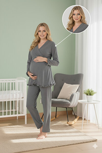 Lohussa Women's Smoked Long Sleeve Double-Breasted Collar Special Design Maternity Pajama Set