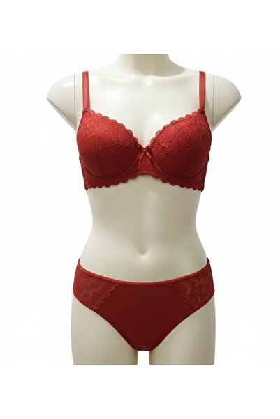 erçestil Lace Unlined Red Bra Set