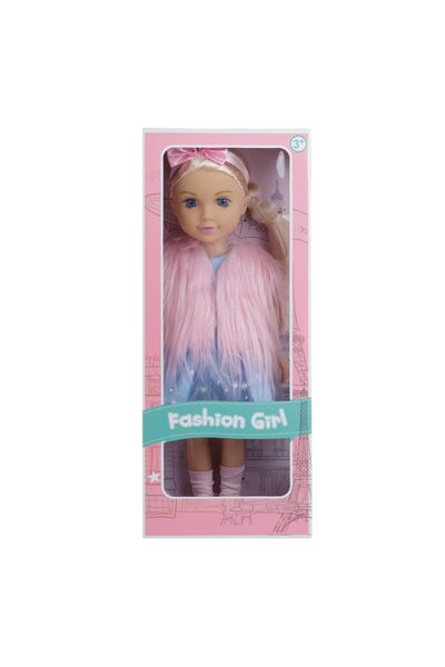 Fashion Girl Blonde Doll with Vest, pink faux fur and ribbon, 45cm