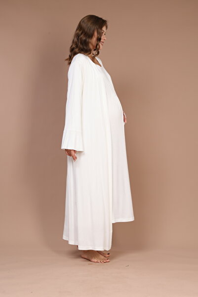 PREGNANT WORLD Women's Ecru 100% Cotton Double-Breasted Collar Special Design Full Length Maternity Nightgown Nightgown Set
