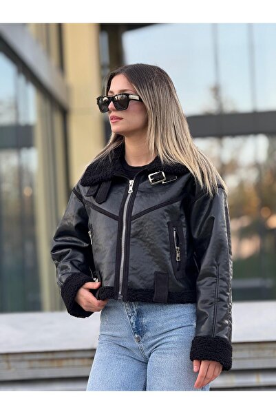 MODAEMAS Women's Fur-Lined Leather Coat