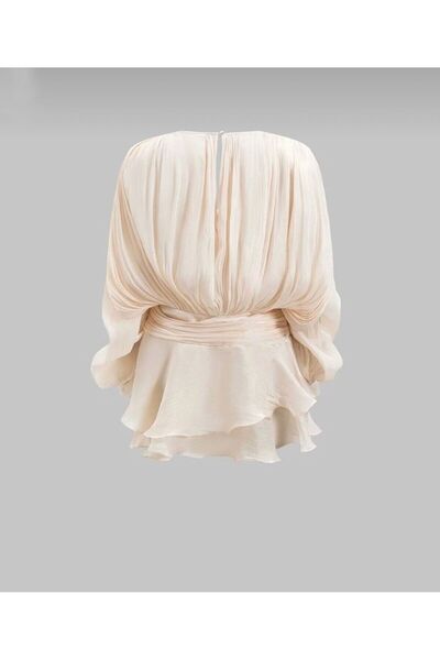 LEVABOUTIQUE Silky Satin Textured Pleated Volume Sleeve Evening Mini Dress