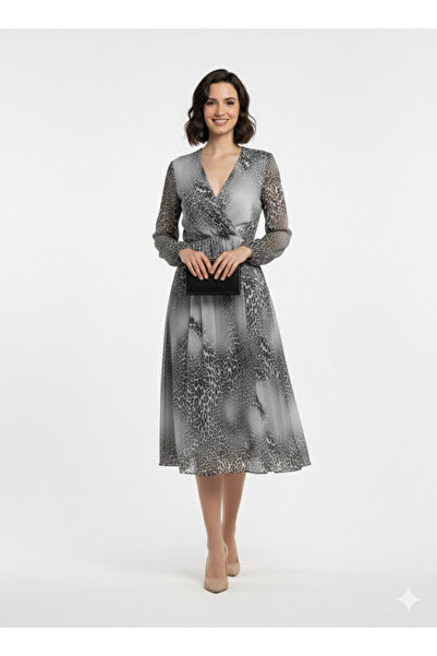 della moor Gray Italian Leopard Pattern K Double-Breasted Collar Lined Long Silk Dress
