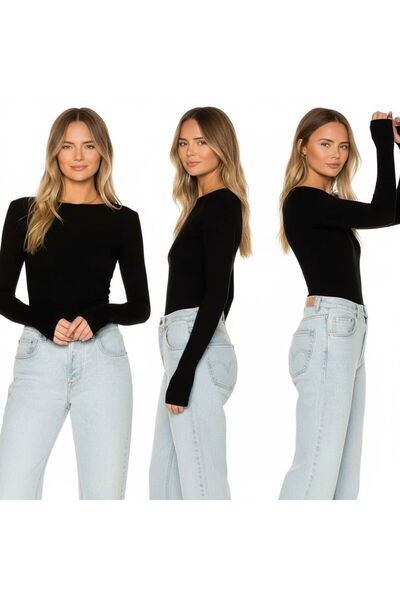 Bliss Women's Crew Neck Finger Detail Bodysuit 3-Piece Set – Black White Brown