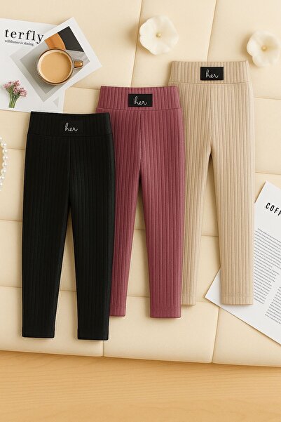 tunays shopping Girl's Corded Fabric Fleece-Lined Arma Detailed Leggings Set of 3