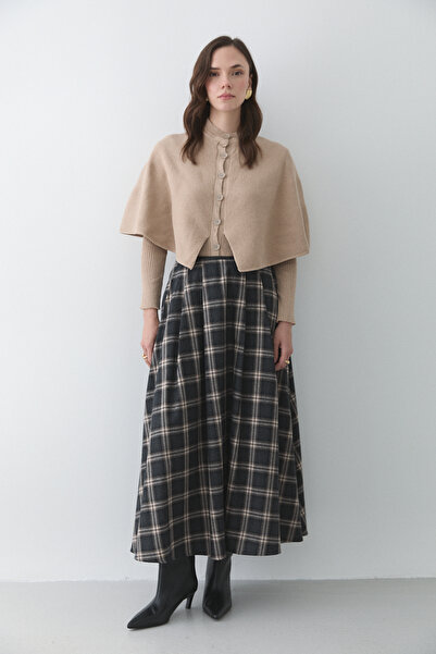 Laluvia Anthracite Beige Leather Striped Plaid Skirt - 4977