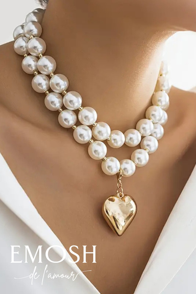 EMOSH de Lamour 2 Sıralı Lüks İnci Kolye | Büyük Altın Kalp Charm Layered Ch...