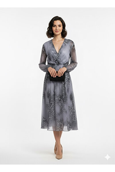 della moor Rochie lungă din mătase cu model leopard italian albastru K decolteu petrecut în V